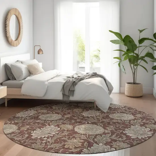 8' Merlot Taupe And Beige Round Floral Washable Indoor Outdoor Area Rug Photo 7