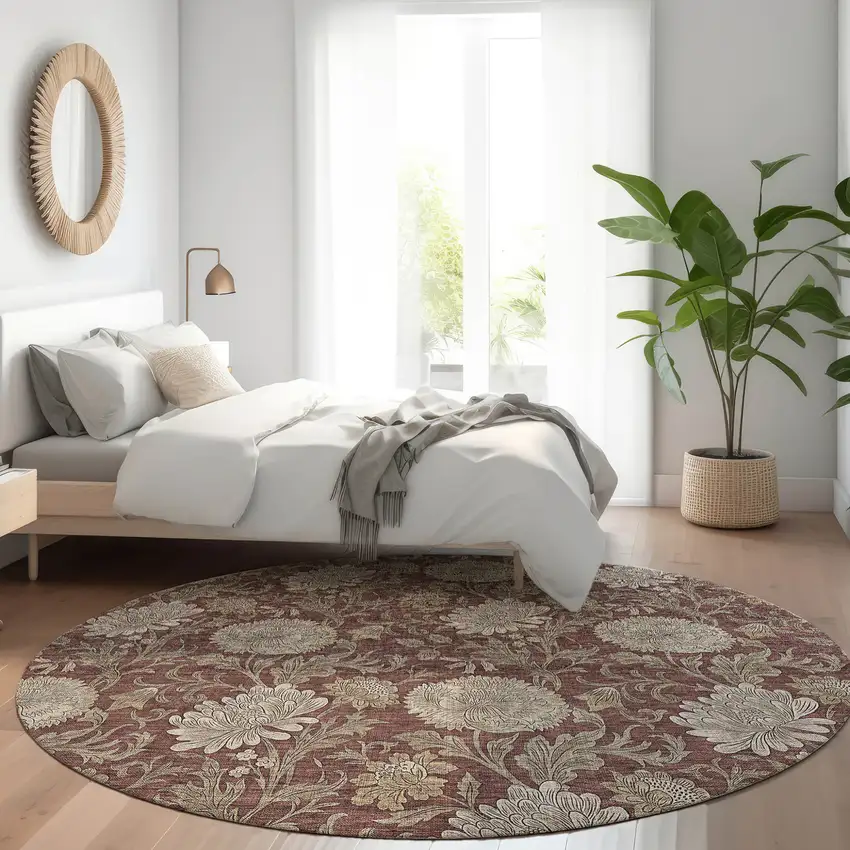 8' Merlot Taupe And Beige Round Floral Washable Indoor Outdoor Area Rug Photo 7