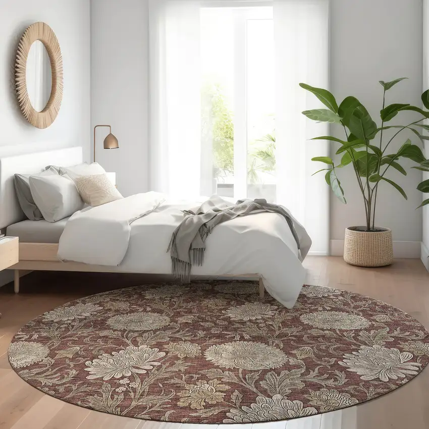 8' Merlot Taupe And Beige Round Floral Washable Indoor Outdoor Area Rug Photo 7