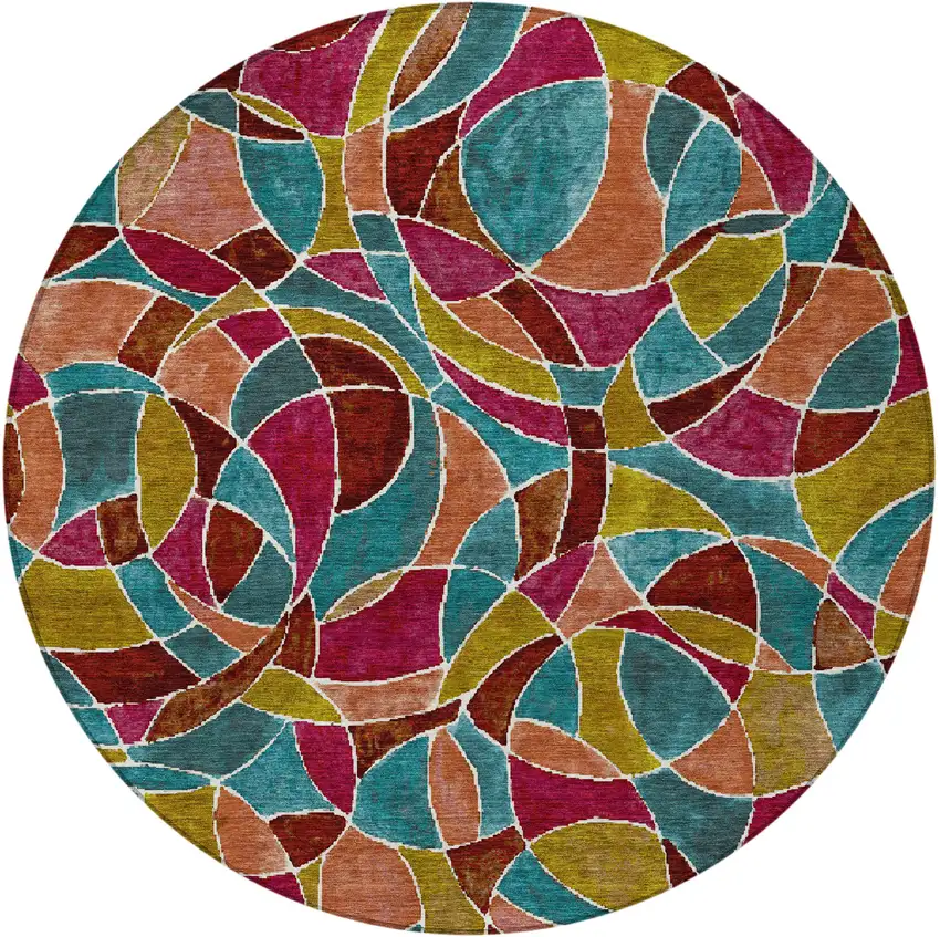 8' Merlot Teal Blue And Olive Green Round Geometric Washable Indoor Outdoor Area Rug Photo 4
