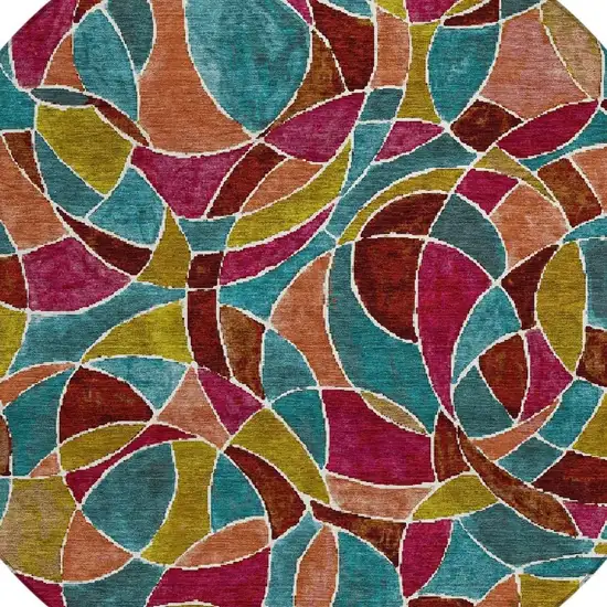 8' Merlot Teal Blue And Olive Green Round Geometric Washable Indoor Outdoor Area Rug Photo 6