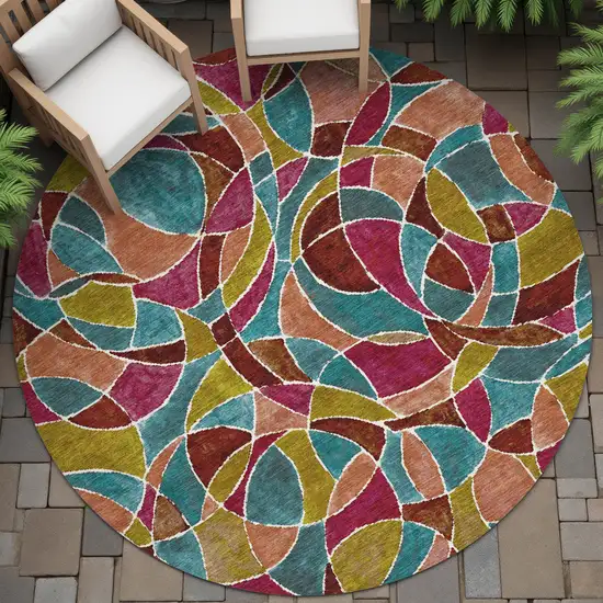 8' Merlot Teal Blue And Olive Green Round Geometric Washable Indoor Outdoor Area Rug Photo 8