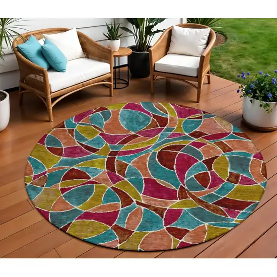 8' Merlot Teal Blue And Olive Green Round Geometric Washable Indoor Outdoor Area Rug Photo 2