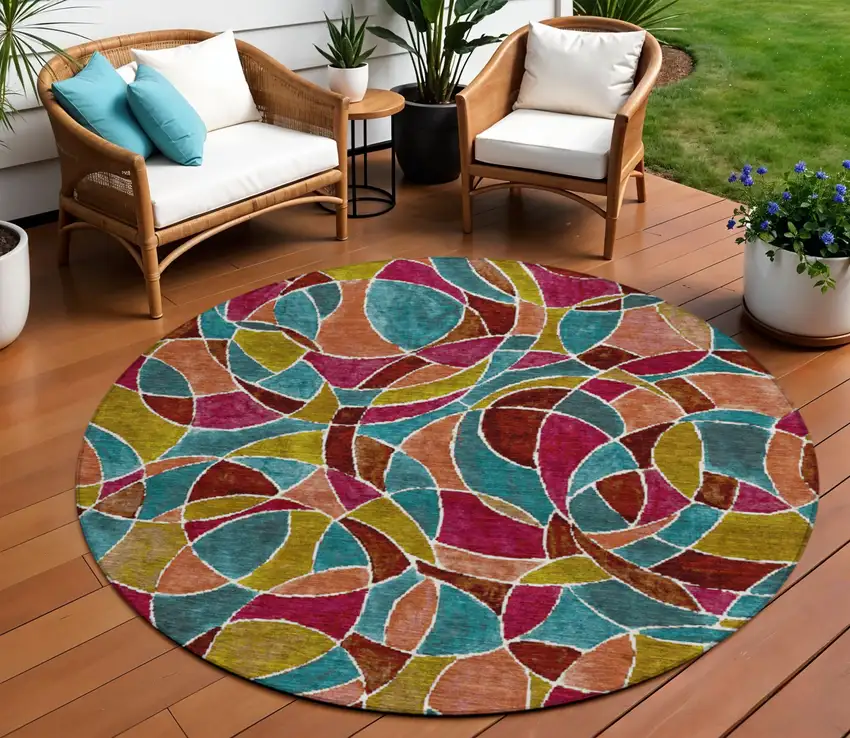 8' Merlot Teal Blue And Olive Green Round Geometric Washable Indoor Outdoor Area Rug Photo 2