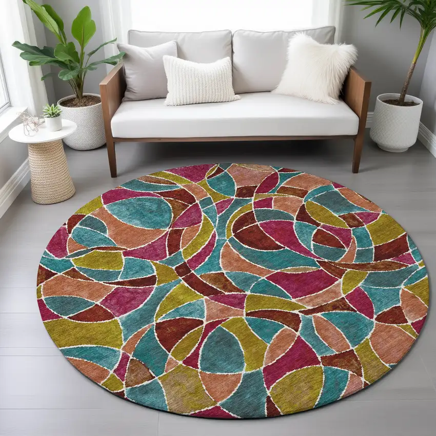 8' Merlot Teal Blue And Olive Green Round Geometric Washable Indoor Outdoor Area Rug Photo 9