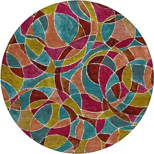 Photo of 8' Merlot Teal Blue And Olive Green Round Geometric Washable Indoor Outdoor Area Rug