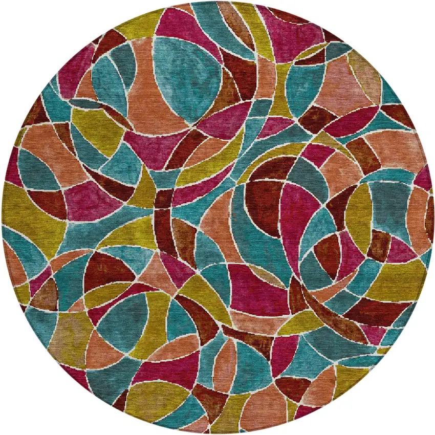 8' Merlot Teal Blue And Olive Green Round Geometric Washable Indoor Outdoor Area Rug Photo 1