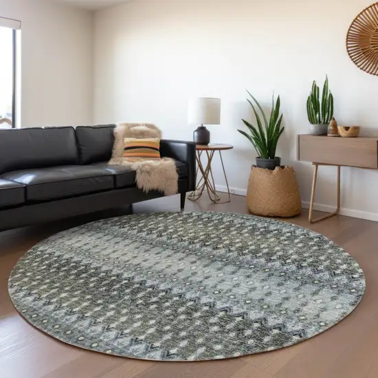 8' Midnight And Gray Tribal Washable Round Rug With UV Protection Photo 6