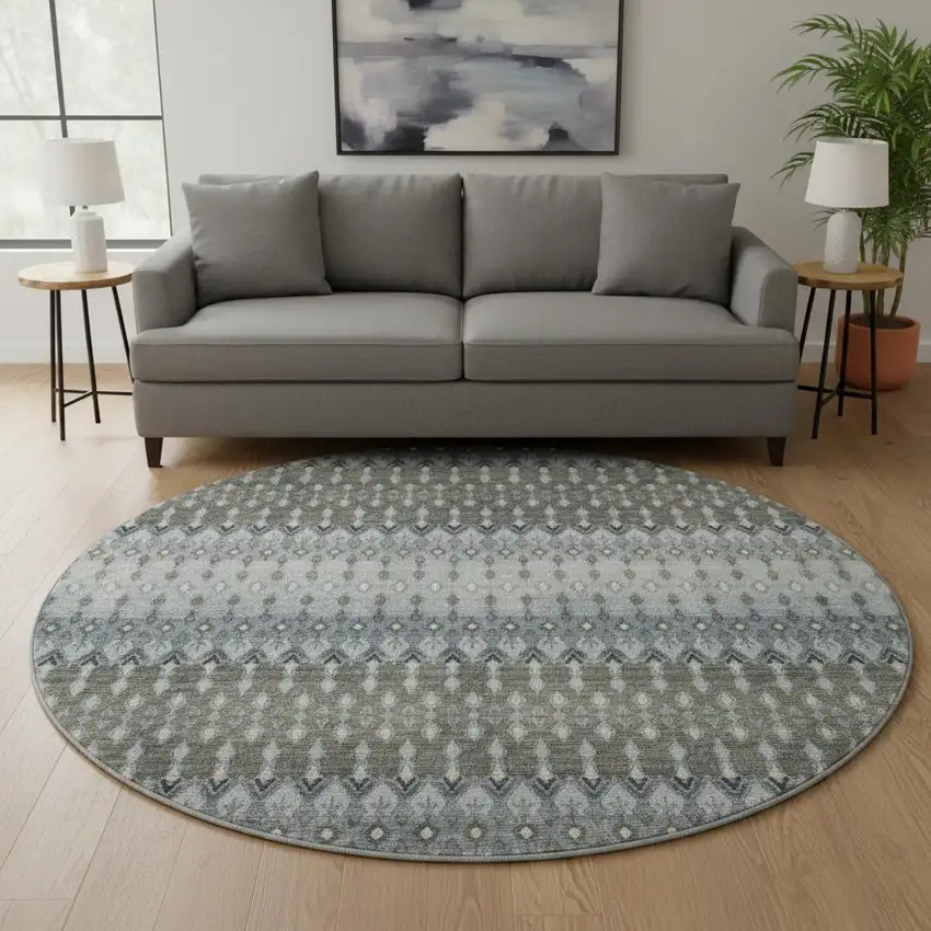 8' Midnight And Gray Tribal Washable Round Rug With UV Protection Photo 1
