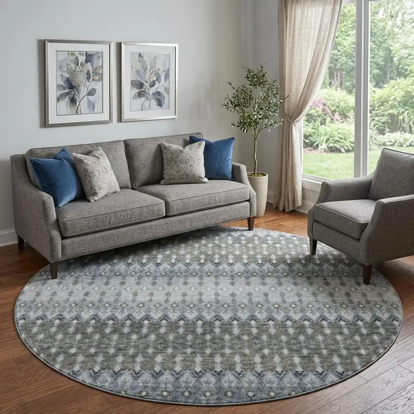 8' Midnight And Gray Tribal Distressed Washable Round Rug With UV Protection Photo 1