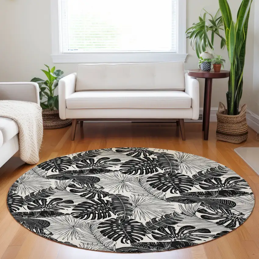 8' Midnight And Ivory Geometric Washable Round Rug With UV Protection Photo 6