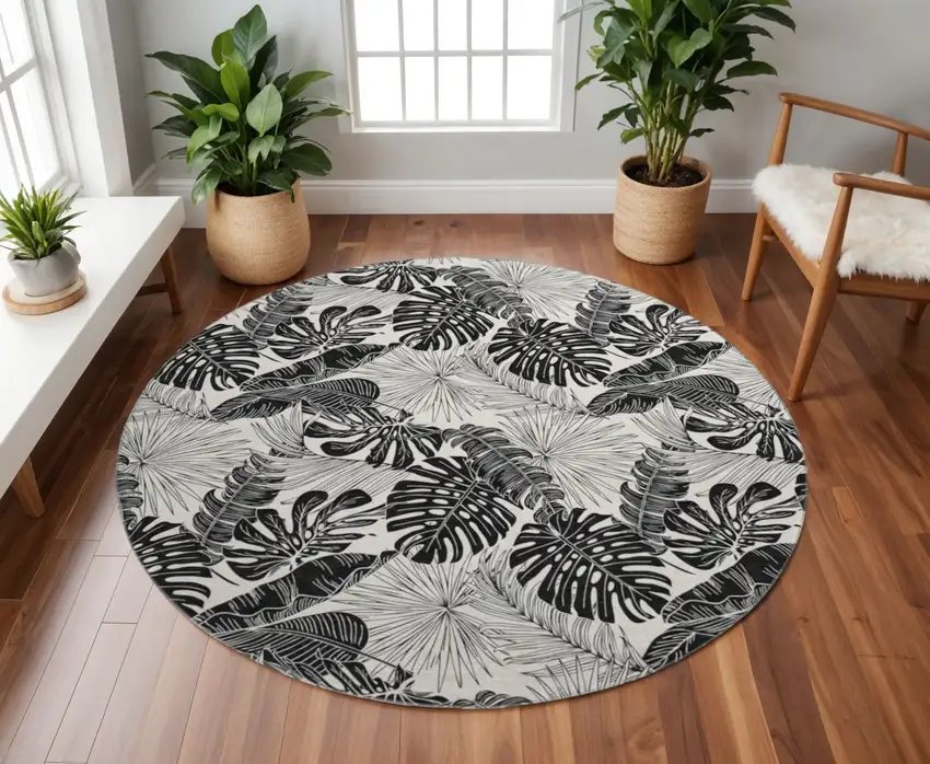 8' Midnight And Ivory Geometric Washable Round Rug With UV Protection Photo 1
