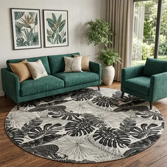 8' Midnight And Ivory Geometric Washable Round Rug With UV Protection Photo 1