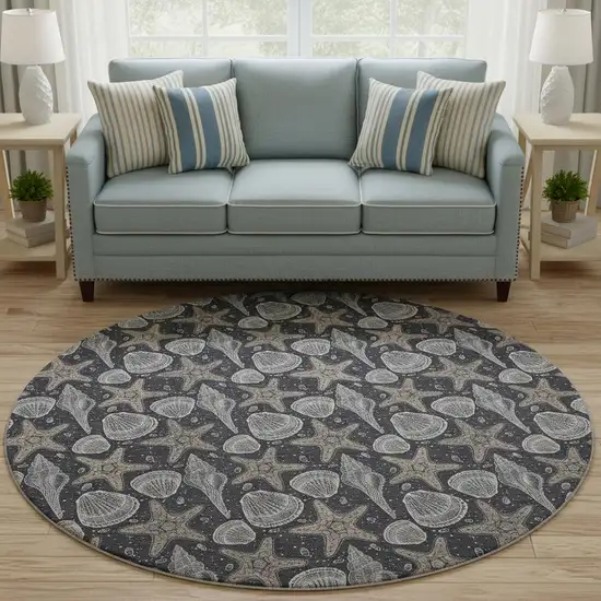 8' Midnight And Taupe Geometric Washable Round Rug With UV Protection Photo 1
