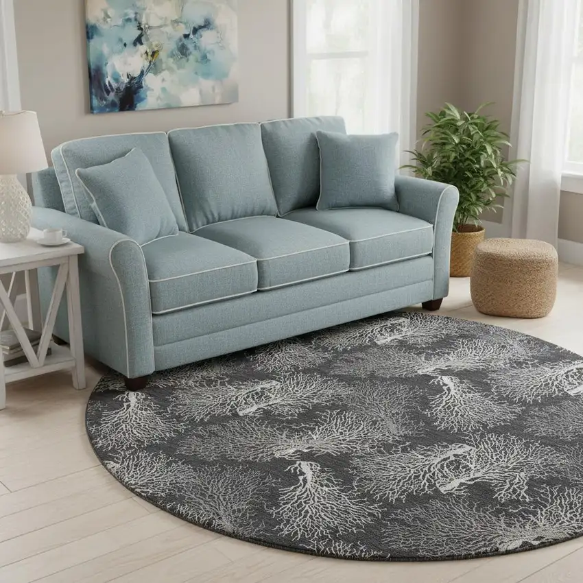 8' Midnight And White Geometric Washable Round Rug With UV Protection Photo 2