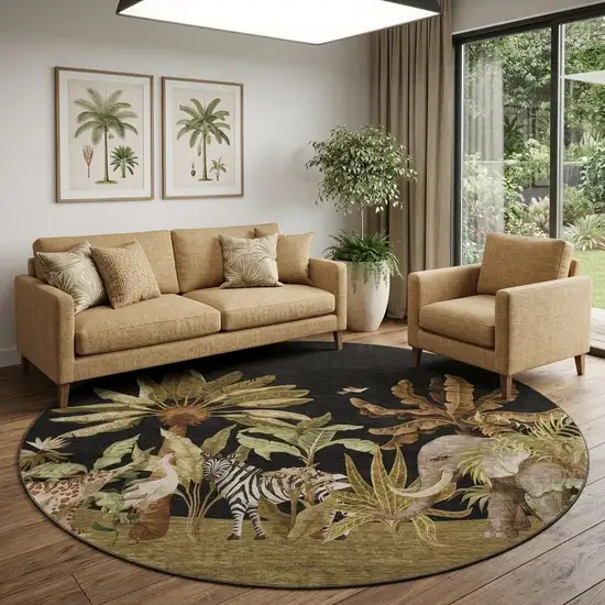 8' Midnight Brown And Olive Green Tropical Botanical Distressed Washable Round Rug With UV Protection Photo 1