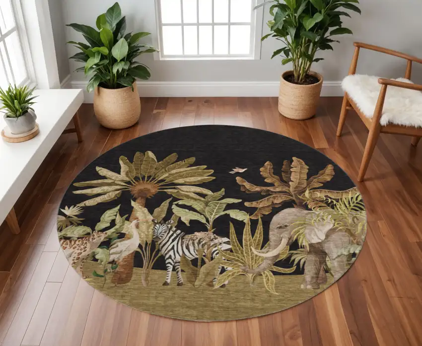 8' Midnight Brown And Olive Green Geometric Washable Round Rug With UV Protection Photo 1