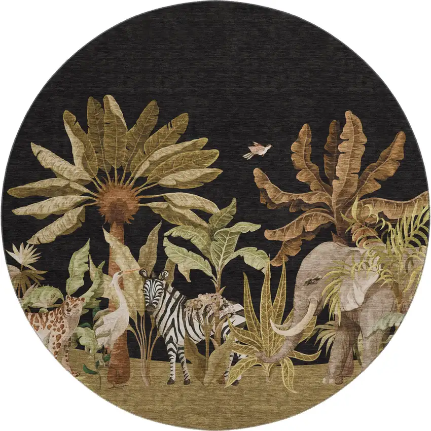 8' Midnight Brown And Olive Green Geometric Washable Round Rug With UV Protection Photo 2