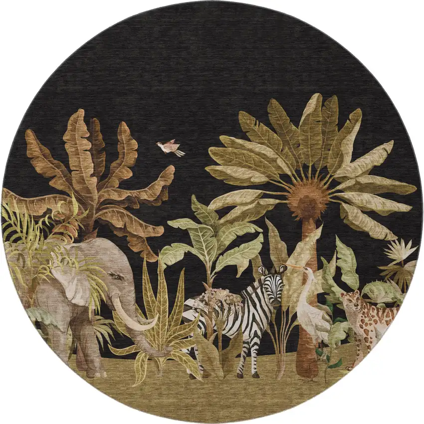 8' Midnight Brown And Olive Green Geometric Washable Round Rug With UV Protection Photo 5