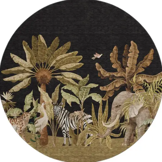 8' Midnight Brown And Olive Green Geometric Washable Round Rug With UV Protection Photo 4