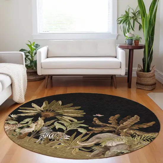 8' Midnight Brown And Olive Green Geometric Washable Round Rug With UV Protection Photo 6