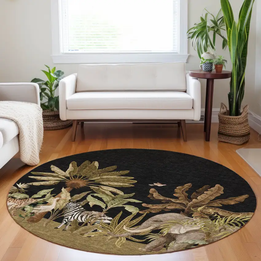 8' Midnight Brown And Olive Green Geometric Washable Round Rug With UV Protection Photo 6