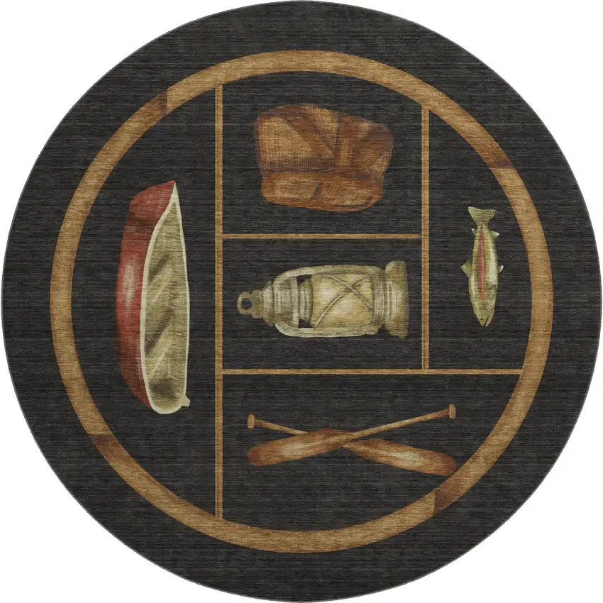 8' Midnight Brown And Rust Nautical Washable Round Rug With UV Protection Photo 2