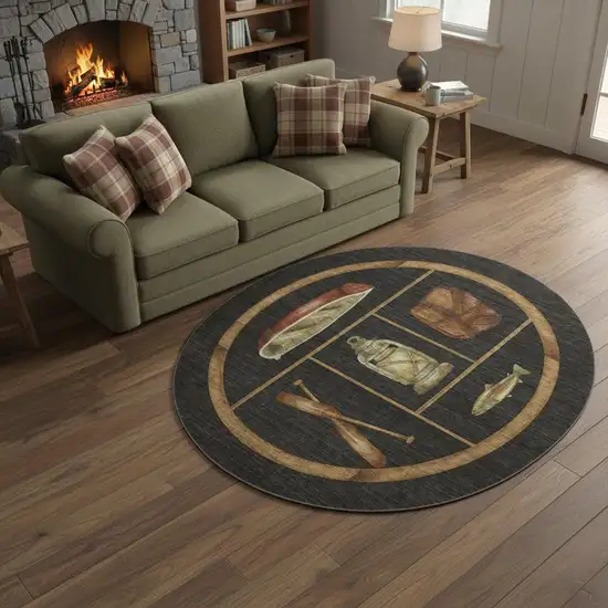 8' Midnight Brown And Rust Nautical Washable Round Rug With UV Protection Photo 1