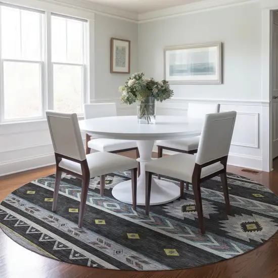 8' Midnight Gold And Ivory Geometric Washable Round Rug With UV Protection Photo 5