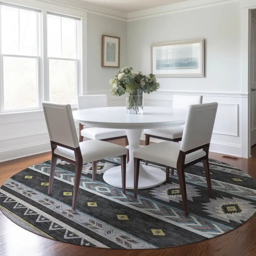 8' Midnight Gold And Ivory Geometric Washable Round Rug With UV Protection Photo 5