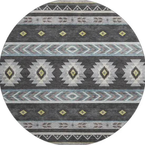 8' Midnight Gold And Ivory Geometric Washable Round Rug With UV Protection Photo 4