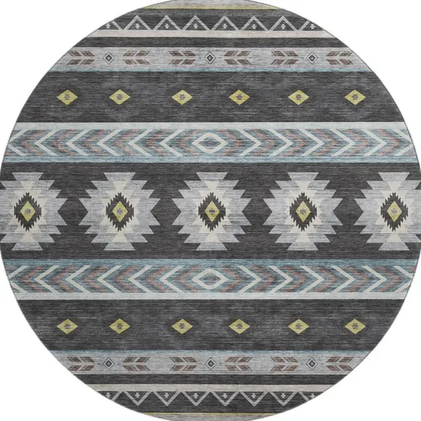 8' Midnight Gold And Ivory Geometric Washable Round Rug With UV Protection Photo 4