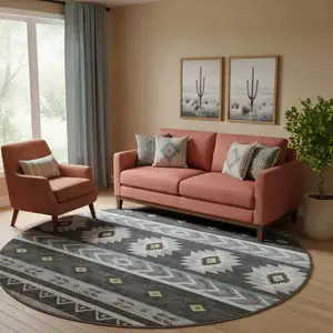 Photo of 8' Midnight Gold And Ivory Geometric Washable Round Rug With UV Protection