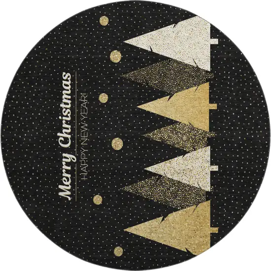 8' Black Gold And Ivory Christmas Tree Washable Round Rug With UV Protection Photo 3