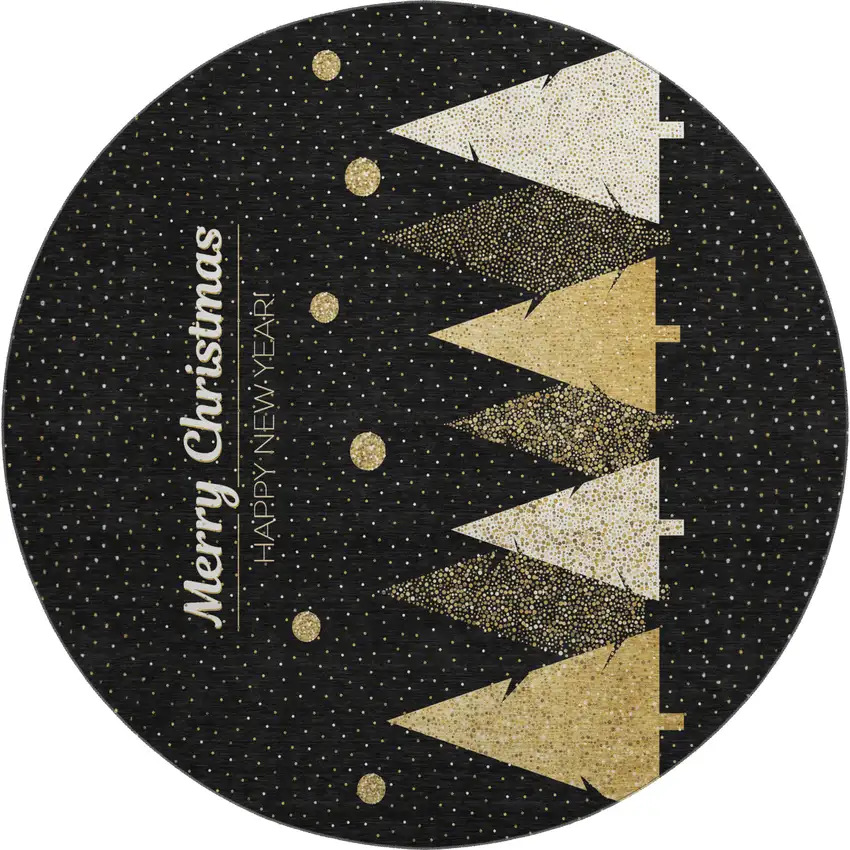 8' Black Gold And Ivory Christmas Tree Washable Round Rug With UV Protection Photo 3