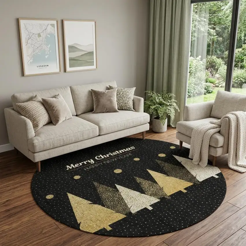8' Black Gold And Ivory Christmas Tree Washable Round Rug With UV Protection Photo 1