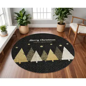 Photo of 8' Midnight Gold And Ivory Polka Dot Washable Round Rug With UV Protection