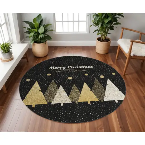 8' Midnight Gold And Ivory Polka Dot Washable Round Rug With UV Protection Photo 1