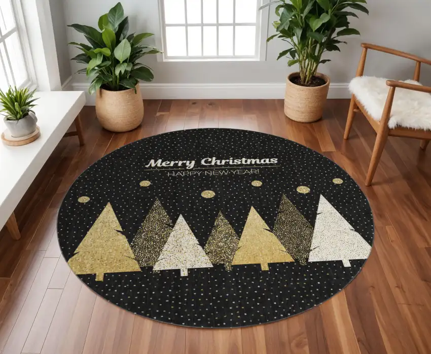 8' Midnight Gold And Ivory Polka Dot Washable Round Rug With UV Protection Photo 1