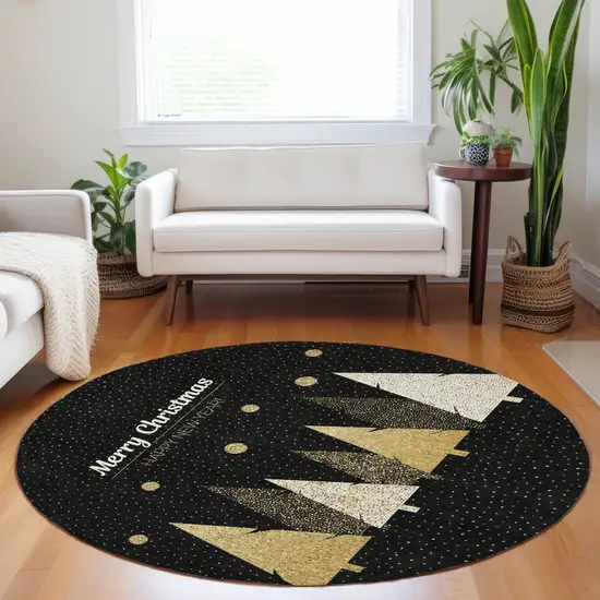 8' Black Gold And Ivory Christmas Tree Washable Round Rug With UV Protection Photo 6