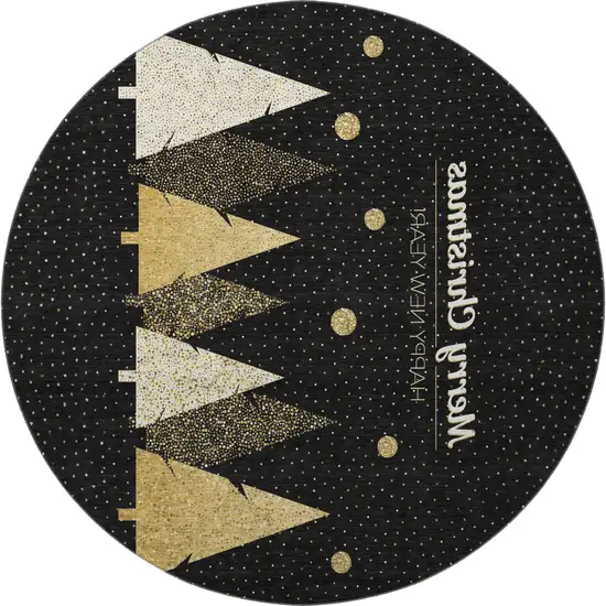 8' Black Gold And Ivory Christmas Tree Washable Round Rug With UV Protection Photo 5