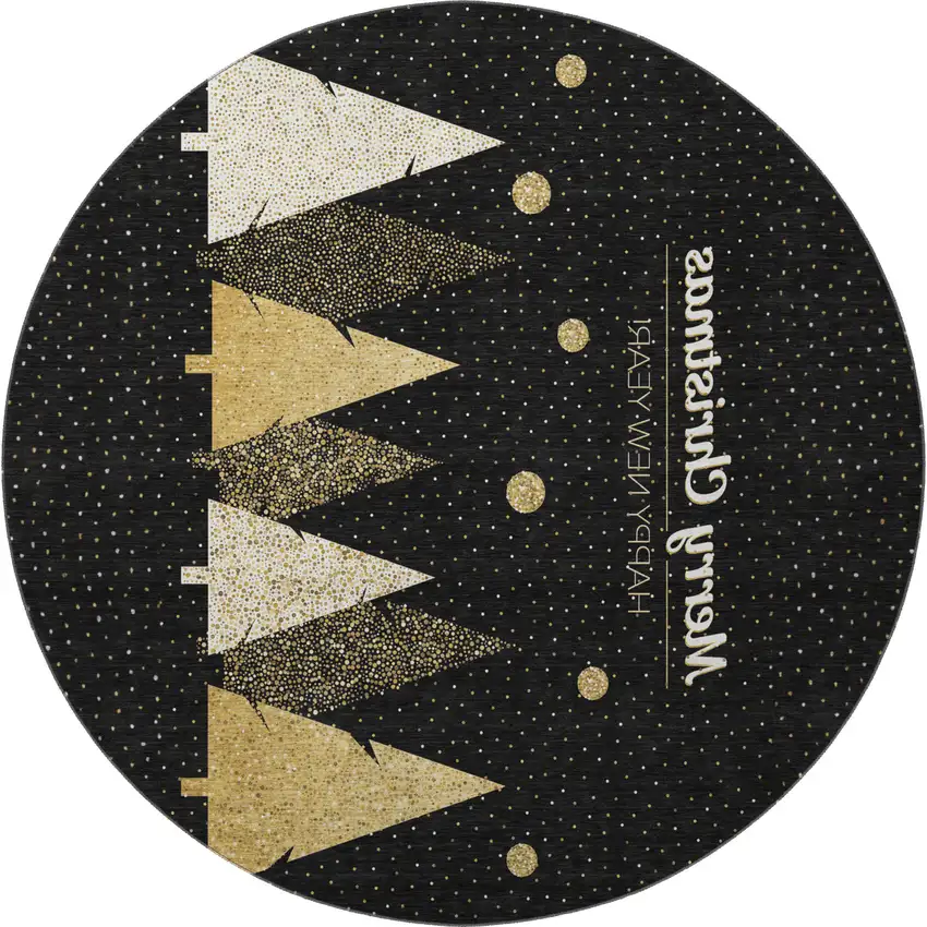 8' Black Gold And Ivory Christmas Tree Washable Round Rug With UV Protection Photo 5