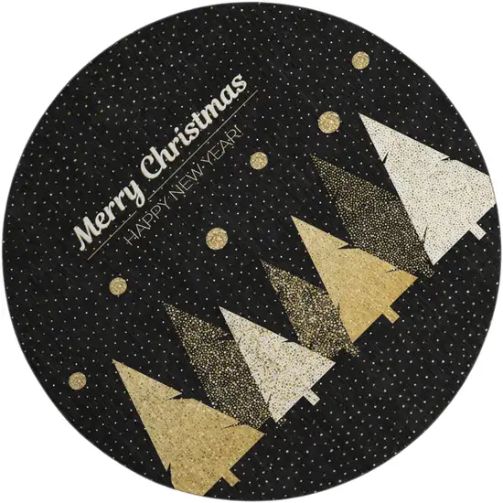 8' Black Gold And Ivory Christmas Tree Washable Round Rug With UV Protection Photo 2