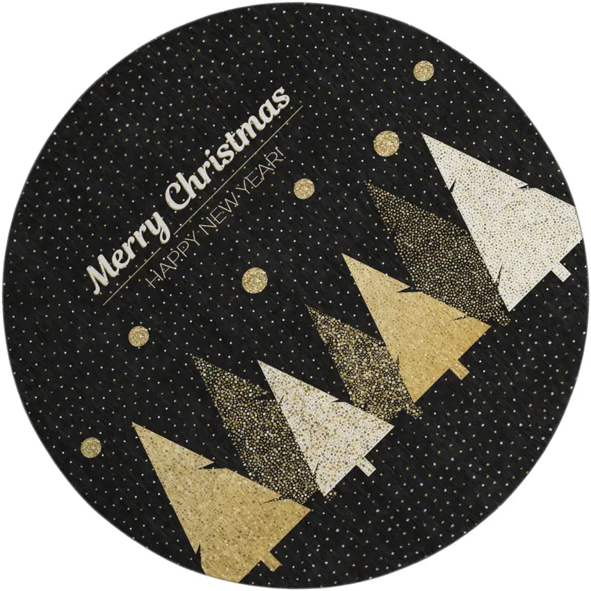 8' Black Gold And Ivory Christmas Tree Washable Round Rug With UV Protection Photo 2
