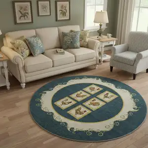 Photo of 8' Midnight Gold And Red Animal Print Washable Round Rug With UV Protection