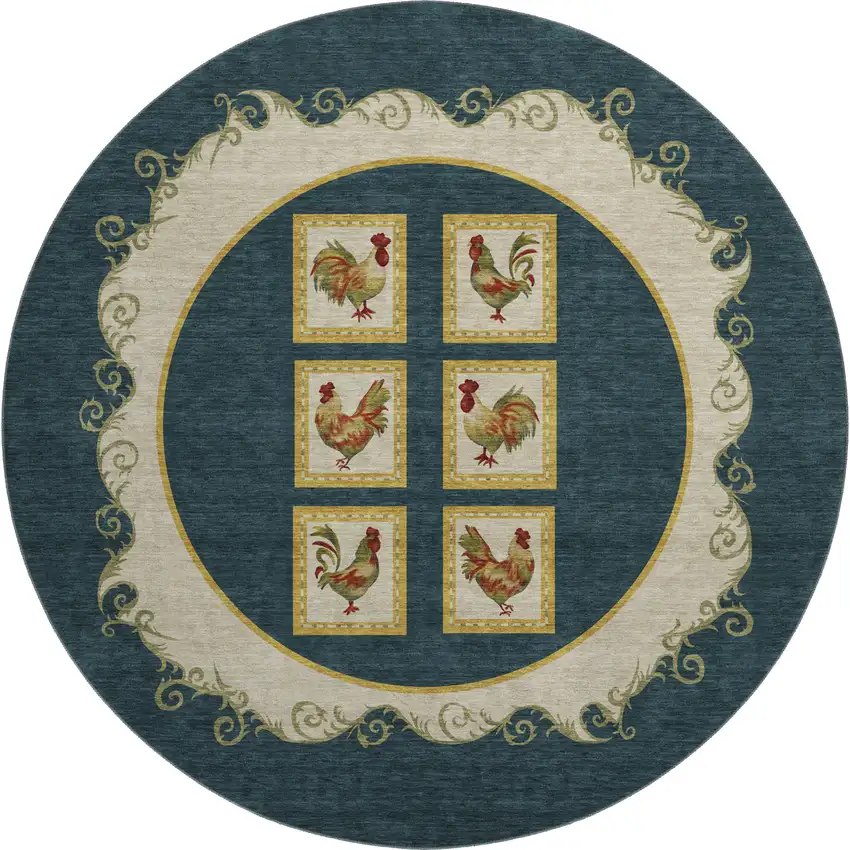 8' Midnight Gold And Red Animal Print Washable Round Rug With UV Protection Photo 2