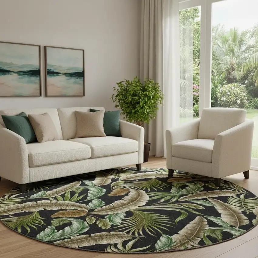 8' Midnight Green And Brown Geometric Washable Round Rug With UV Protection Photo 1