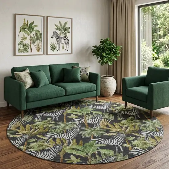 8' Midnight Green And Brown Geometric Washable Round Rug With UV Protection Photo 1