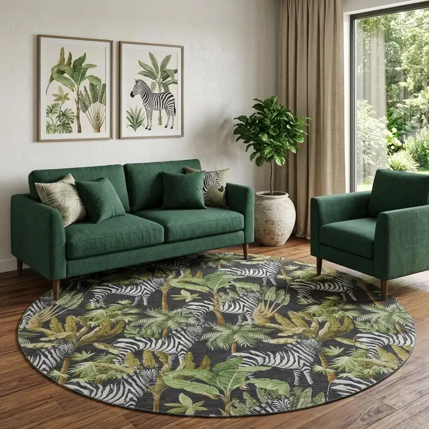 8' Midnight Green And Brown Geometric Washable Round Rug With UV Protection Photo 1