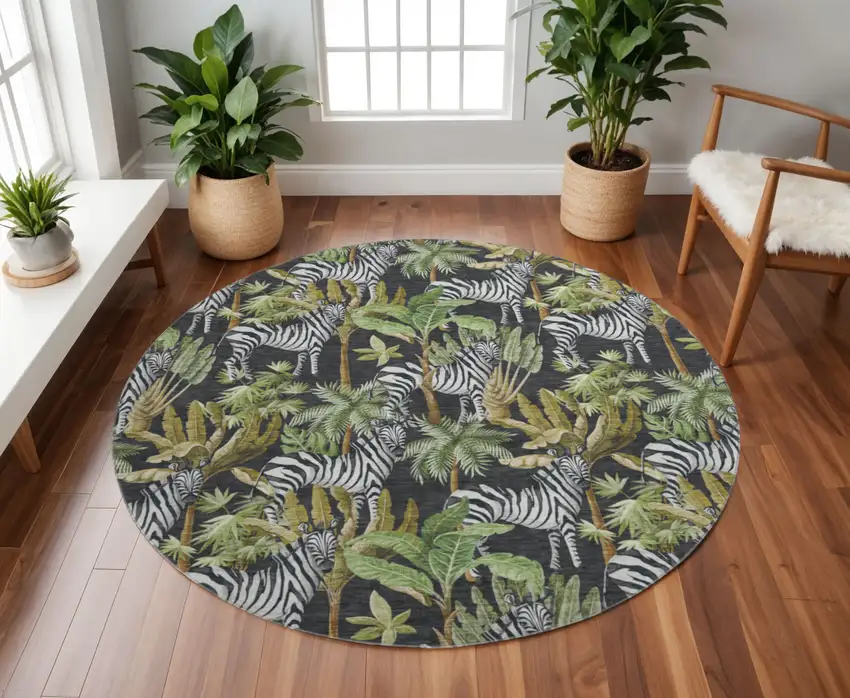 8' Midnight Green And Brown Geometric Washable Round Rug With UV Protection Photo 1